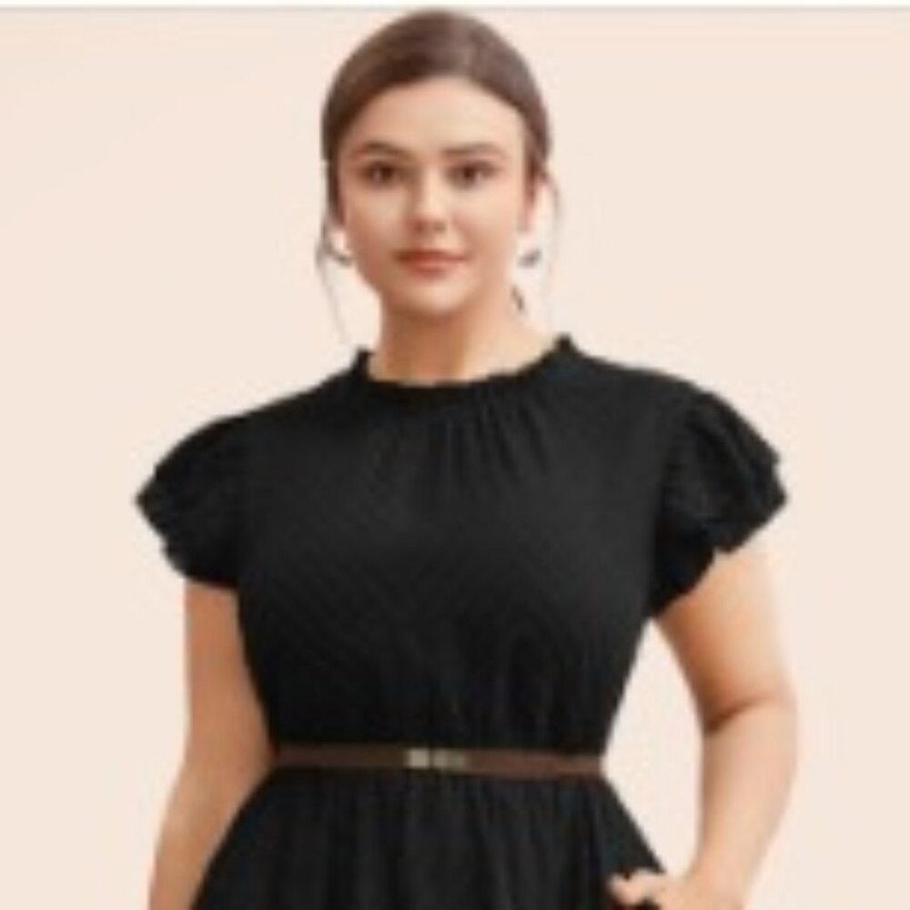 Bloomchic Plus Size 22-24 3X Black Ruffle Mock Neck Midi Dress with Pockets